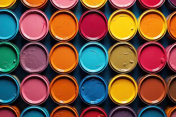 Overhead view of open paint cans lined up in rows, showcasing a variety of vibrant colors like red, blue, pink, and yellow, conveying creativity and energy.
