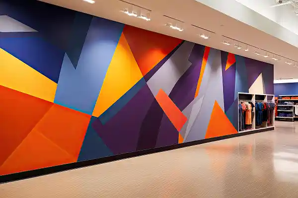 Geometric mural with vibrant orange, blue, and yellow shapes covers a large wall in a modern store. Clothes are displayed on racks nearby.