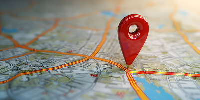 Red map pin on a detailed city map, highlighting a location near a river intersected by orange roads, symbolizing navigation and travel.